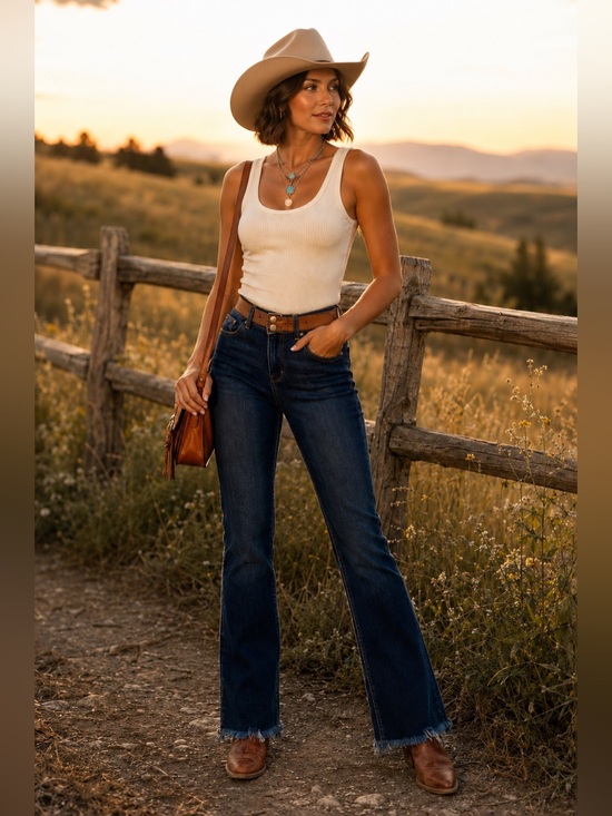 Judy Blue Denim - Judy Blue High Rise Raw Hem Bootcut Jeans Dark Wash Size 15/32 Western Cowgirl